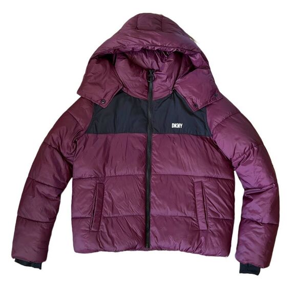 DKNY Sport NWT Puffer Jacket Hooded Colorblock Burgundy w/Zipper Front $169.50+ - Picture 1 of 13